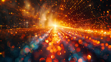 Fototapeta premium Cyber Spirit, Pixelated Essence, Electronic Entity, Roaming Digital Landscape, Starry Night, Realistic, Golden Hour Lighting, Lens Flare Effect