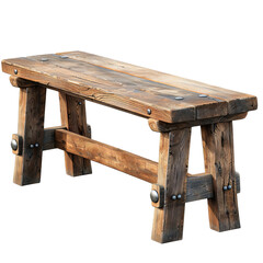 Fototapeta premium Rustic wooden bench with metal accents, handcrafted for outdoor and indoor use, adds vintage charm to any space. Perfect for garden or patio.