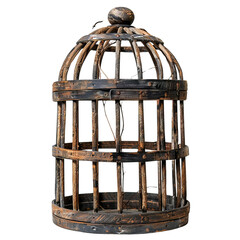 Rustic wooden bird cage, isolated on white background. Vintage decor, perfect for retro and antique-themed settings.