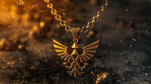 Golden triforce pendant with wings for video game fans and fantasy lovers