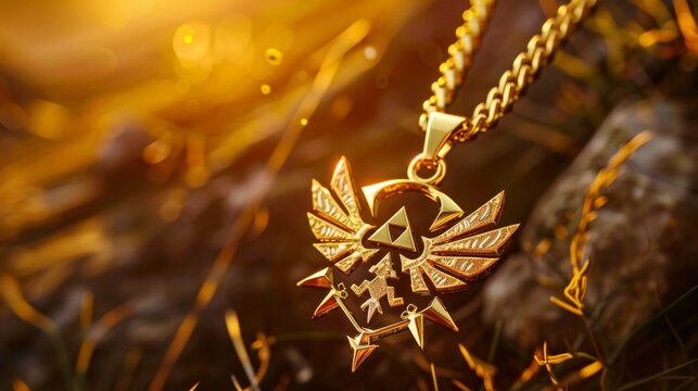 Golden triforce pendant with wings for video game fans and fantasy lovers