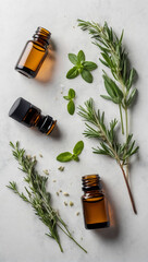 Aesthetic essential oil flatlay blank mockup on white background. Cosmetic container for advertising template.