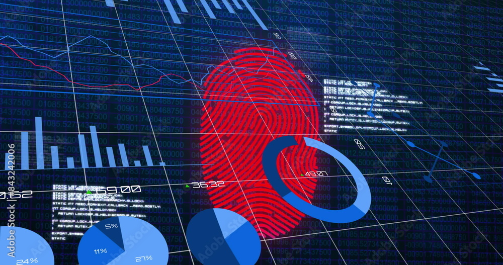 Poster image of fingerprint scanning, graphs and data on navy background