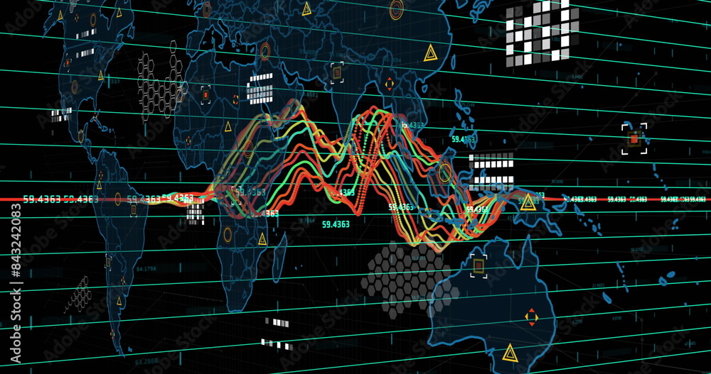 Poster image of financial data processing over world map on black background