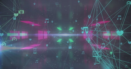 Image of digital tunnel and media icons on black background