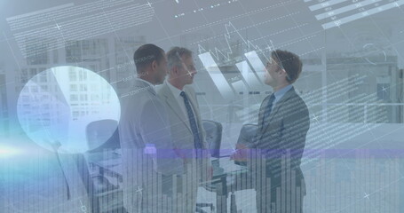 Image of financial data processing over diverse business people in office, copy space