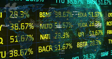 Obraz premium Image of stock market over world map and globe on black background