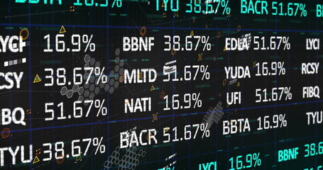 Image of stock market over data processing on black background