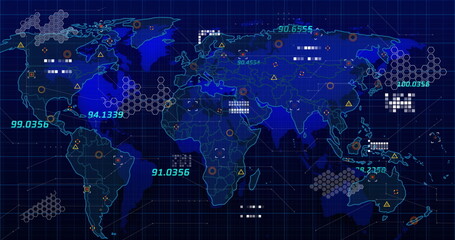 Image of data processing over world map on black background