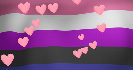Image of hearts floating over striped flag