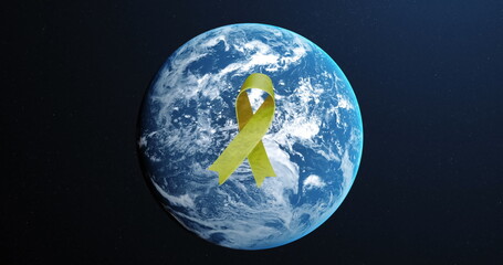 Image of yellow ribbon over globe on blue background, copy space