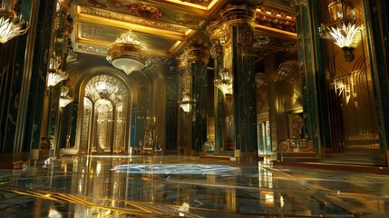Fototapeta premium Grand and luxurious hallway with golden and green marble for an elegant event