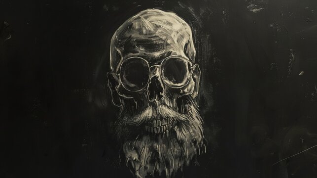Grungy portrait of a skull with beard and glasses for horror or gothic designs