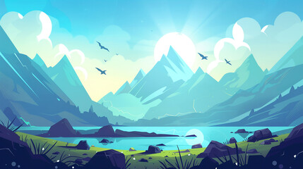 A mountain range with a lake in the foreground and a bright sun in the sky