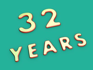 Volumetric thirty-two of years on a single-color background. Birthday or significant date. To create a greeting card or other. Rendering illustration.