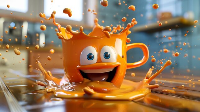 Happy coffee mug splashing in a brown liquid for coffee themed designs