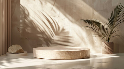 Empty brown podium display for luxury product presentation. Brown natural podium product display platform 3d background abstract shadow light concept. Suitable for product showcase, presentation. 