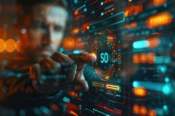 Person Interacting with Futuristic Touchscreen Interface