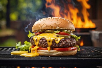 Juicy Hamburger on the Grill: a juicy hamburger on the grill, with melted cheese oozing over the...