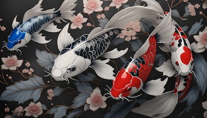 Obraz premium Black and white Japanese style design blue and red koi fish
