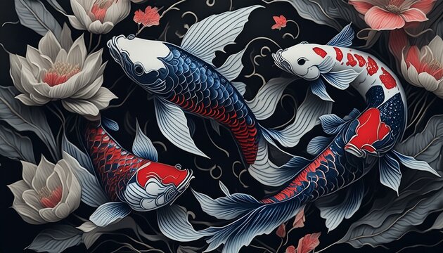 Fototapeta Black and white Japanese style design blue and red koi fish