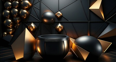 Sleek black backdrop adorned with shapes. Abstract background. High Resolution.