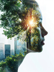 /imagine prompt: Realistic double exposure visual narrative merging the essence of business acumen with the beauty of environmental stewardship for Adobe Stock