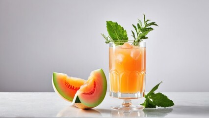Fototapeta premium Fresh and Vibrant Orange Drink with Watermelon and Cucumber Mint Garnish