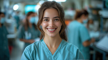 Smiling young female nurse in teal scrubs, standing in a busy hospital environment with other medical staff working in the background.