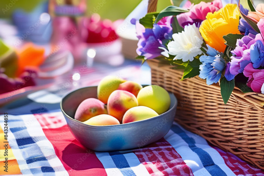 Sticker A wicker picnic basket filled with a vibrant assortment of seasonal fruits and blooming flowers sits on a red and white checkered blanket. Perfect for summer outings, nature themes, or healthy eating 