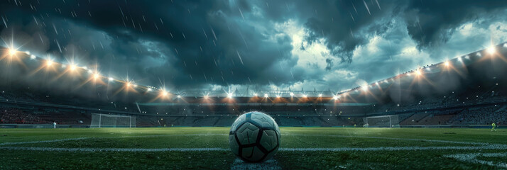 Soccer ball on the field with dramatic rainy sky during night game