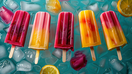 colorful popsicles floating in a sparkling blue swimming pool, summer vibes