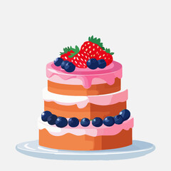 Simple birthday cake isolated on white. Flat cartoon design for postcards and stickers, birthday party invitation. Food illustration. Holiday concept