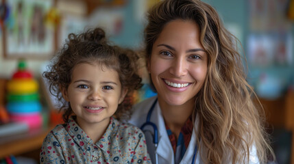 Smiling female doctor with a stethoscope, holding a happy young child in a colorful pediatric clinic, both exuding warmth and joy.