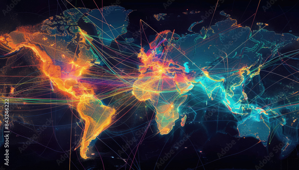Wall mural global network connecting world cities with data flow lines across continents