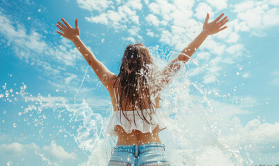Carefree woman with arms raised enjoying splashing water of sea during summer vacation