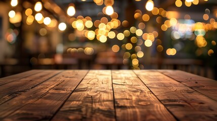 Empty wooden table top with lights bokeh on blur restaurant background, generative ai