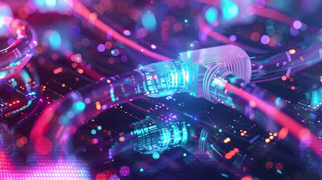 Close up of network cables with a fiber optical background, technology and futuristic concept. Safer internet day.