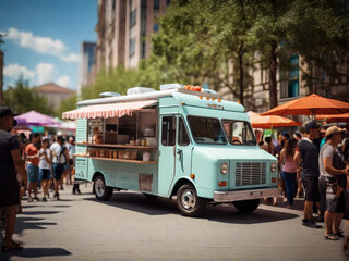 food truck in city festival selective focus