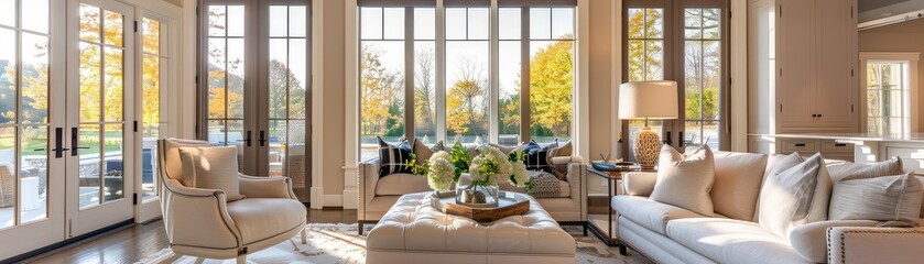 Fototapeta premium Bright living room with large windows and comfortable furniture