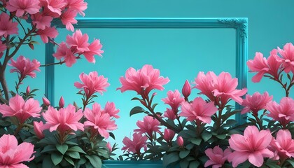 Obraz premium A detailed image of azalea blossoms with their bright pink petals, contrasting beautifully with a turquoise blue background.