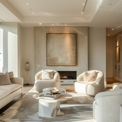 Bright modern living room interior with comfy sofas, stylish coffee table and abstract painting on the wall.