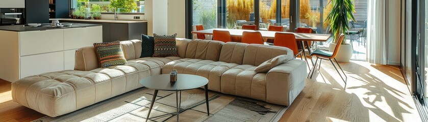 Obraz premium Bright modern living room interior with large sectional sofa and stylish coffee table
