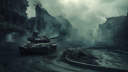 4. Envision a somber depiction of urban warfare, where the twisted wreckage of vehicles and buildings mingle amidst thick clouds of smoke, as tanks patrol the desolate streets, a stark reminder of
