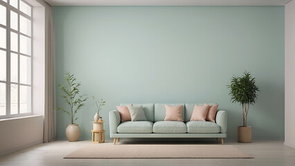 Aesthetic minimalist Scandinavian interior design with empty wall mockup in pastel color theme.