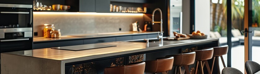 Modern kitchen interior with island, bar stools and sink