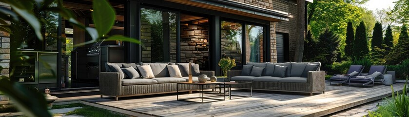 Outdoor patio area with comfortable seating and lush greenery