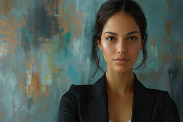 Fototapeta premium Professional Woman in a Blazer with a Serious Expression in a Corporate Setting 