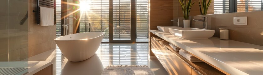 A bathroom with a large bathtub, a double vanity, and a large window