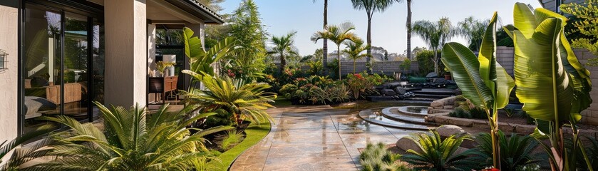 Fototapeta premium A beautiful garden with a swimming pool, surrounded by palm trees and other lush greenery.